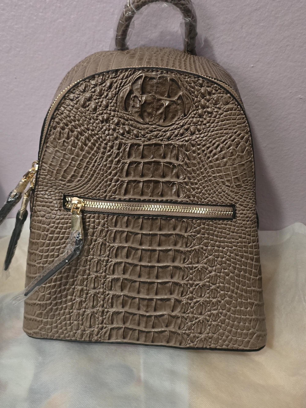 Taupe Croc-Embossed Women's Backpack with Gold Hardware